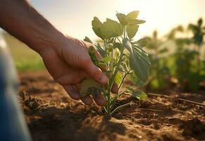 Ai generative Farmer's hands over farm plants realistic image, ultra hd, high design very detailed photo