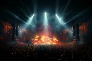 Ai generative Crowded Concert Stage Scenery With Spotlights and Colored Lights realistic image, ultra hd photo