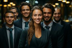 ai generativo grupo de contento negocio hombre y negocio mujer, vestido en trajes son sonriente, en el oficina foto