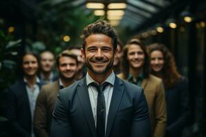 ai generativo grupo de contento negocio hombre y negocio mujer, vestido en trajes son sonriente, en el oficina foto