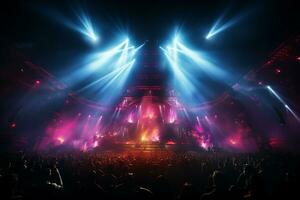 Ai generative Crowded Concert Stage Scenery With Spotlights and Colored Lights realistic image, ultra hd photo