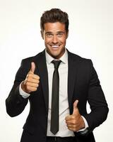 Ai generative photo business concept portrait of excited man dressed in formal wear giving thumbs up