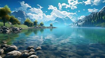 cautivador amplio ángulo ver de un sereno, mágico lago, un encantador natural preguntarse foto