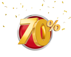 70 percent Off Discount 3d golden sale symbol with confetti. Sale banner and poster 3d illustration png