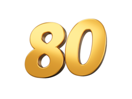 or nombre 80 quatre-vingts brillant 3d nombre 80 fabriqué de or 3d illustration png