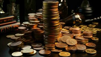 Gold coins money on the table. Business finance and wealth accumulation concept photo