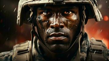 A man American soldier military marine stands against the background of the American flag as a symbol of independence. Face close-up photo