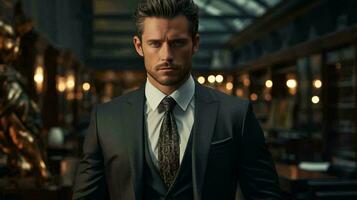 hermoso masculino empresario en un clásico traje con un Corbata en el oficina. blanco collar oficina trabajador concepto foto