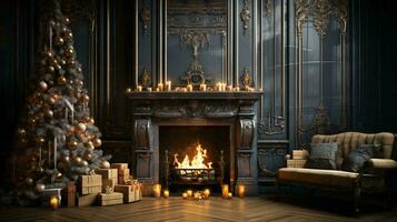 A room with a fireplace decorated with Christmas decorations with a tree and New Year's gifts and toys photo