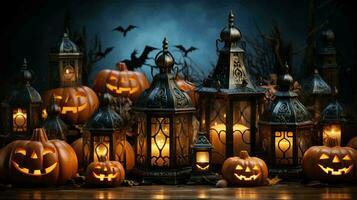 Candles and pumpkins with scary faces, decorated for Halloween photo
