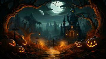Castle and pumpkins with scary faces at night in the forest for the holiday of Halloween photo