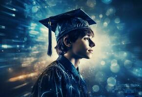 ai generativo doble exposición foto de joven hombre con graduación gorra tecnología antecedentes realista imagen