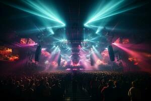 Ai generative Crowded Concert Stage Scenery With Spotlights and Colored Lights realistic image, ultra hd photo