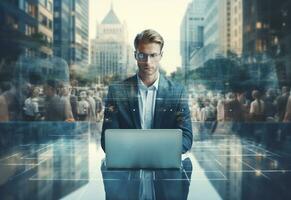 Ai generative double exposure photo of a business man using laptop on his desk front view office background realistic image, ultra hd, high design very detailed