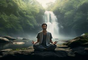 ai generativo foto de un hombre practicando atención plena y meditación en un pacífico natural ambiente sony a7s realista imagen, ultra alta definición, alto diseño muy detallado