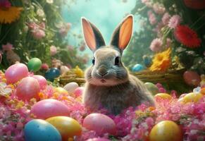 Ai generative photo happy bunny with many easter eggs on grass festive background for decorative design