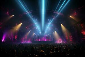 Ai generative Crowded Concert Stage Scenery With Spotlights and Colored Lights realistic image, ultra hd photo