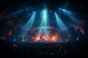 Ai generative Crowded Concert Stage Scenery With Spotlights and Colored Lights realistic image, ultra hd photo