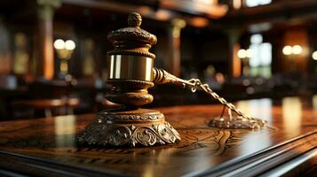 Judge gavel on the table. The concept of justice and corruption photo