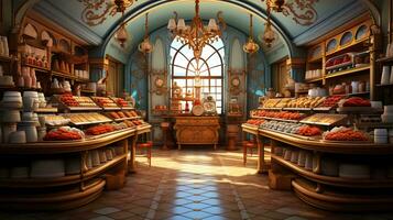 Bakery cafe interior with fresh pastries and cakes photo