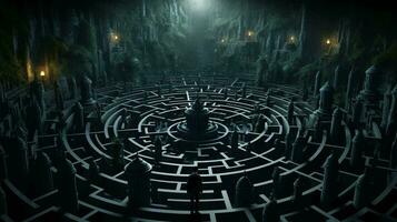 A man stands in a maze and thinks, view from the back. The concept of difficulty in making a decision photo