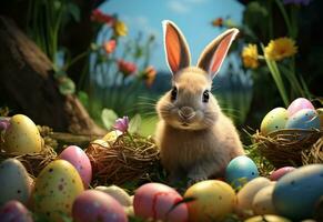 Ai generative photo happy bunny with many easter eggs on grass festive background for decorative design