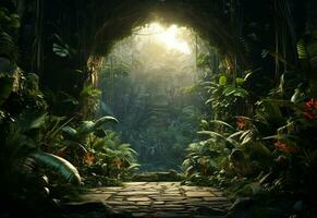 Ai Generative Beautiful jungle background with border made of tropical leaves backdrop with copy space photo