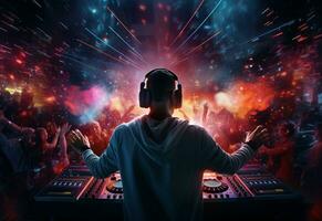 ai generativo DJ jugando y mezcla música en Club nocturno fiesta a noche . edm danza música club con multitud de joven personas foto