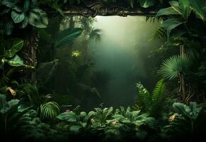 Ai Generative Beautiful jungle background with border made of tropical leaves backdrop with copy space photo