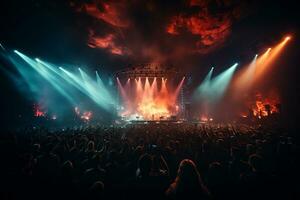 Ai generative Crowded Concert Stage Scenery With Spotlights and Colored Lights realistic image, ultra hd photo