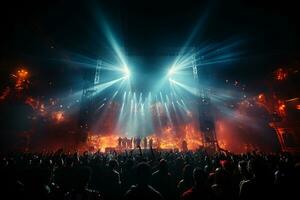 Ai generative Crowded Concert Stage Scenery With Spotlights and Colored Lights realistic image, ultra hd photo