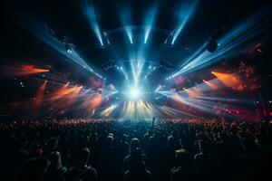 Ai generative Crowded Concert Stage Scenery With Spotlights and Colored Lights realistic image, ultra hd photo