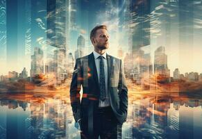 Ai generative A Double Exposure of a Businessman in the Cityscape Embodies Success and Future Plans photo