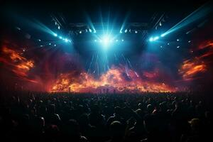 Ai generative Crowded Concert Stage Scenery With Spotlights and Colored Lights realistic image, ultra hd photo