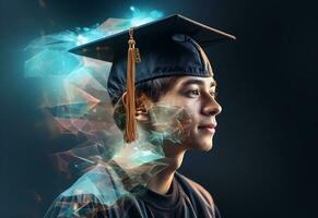 ai generativo doble exposición foto de joven hombre con graduación gorra tecnología antecedentes realista imagen