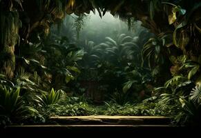 Beautiful jungle background with border made of tropical leaves backdrop with copy space photo