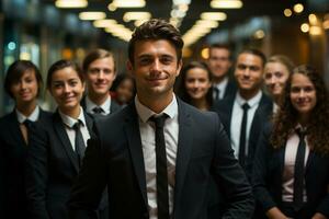 Ai Generative group of happy business man and business women, dressed in suits are smiling, in the office photo