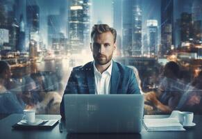 Ai generative double exposure photo of a business man using laptop on his desk front view office background realistic image, ultra hd, high design very detailed