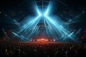 Ai generative Crowded Concert Stage Scenery With Spotlights and Colored Lights realistic image, ultra hd photo
