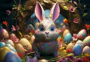 Ai generative photo happy bunny with many easter eggs on grass festive background for decorative design