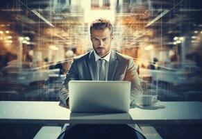 Ai generative double exposure photo of a business man using laptop on his desk front view office background realistic image, ultra hd, high design very detailed