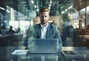 ai generativo doble exposición foto de un negocio hombre utilizando ordenador portátil en su escritorio frente ver oficina antecedentes