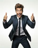 Ai generative photo business concept portrait of excited man dressed in formal wear giving thumbs up