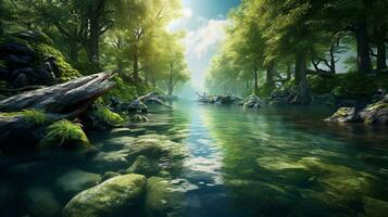 Glistening river, tranquil flow, scenic beauty, wide angle view, captivating landscape photo