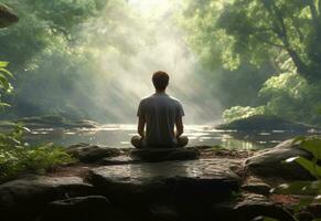 ai generativo foto de un hombre practicando atención plena y meditación en un pacífico natural ambiente sony a7s realista imagen, ultra alta definición, alto diseño muy detallado