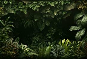 Ai Generative Beautiful jungle background with border made of tropical leaves backdrop with copy space photo