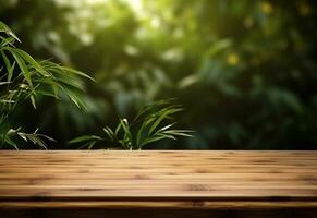 Ai Generative Wooden table on bamboo plant background realistic image ultra hd high design very detailed photo