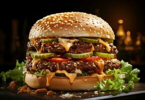 Ai generative Double hamburger isolated on white background Fresh burger fast food with beef and cream cheese realistic image, ultra hd, high design very detailed photo