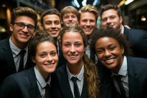 Ai Generative group of happy business man and business women, dressed in suits are smiling, in the office photo