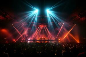 Ai generative Crowded Concert Stage Scenery With Spotlights and Colored Lights realistic image, ultra hd photo